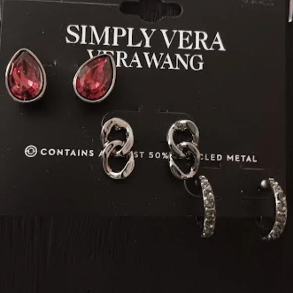 VERA WANG Goth 3pc SET Red Teardrop Crystal/Gunmetal Chain/Crystal Hoop Earrings - Picture 3 of 3